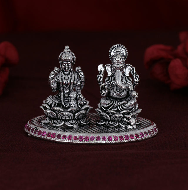 Shri Ganesh Laxmiji - Oxidized Silver Murti Collection adorned with Pink Stones