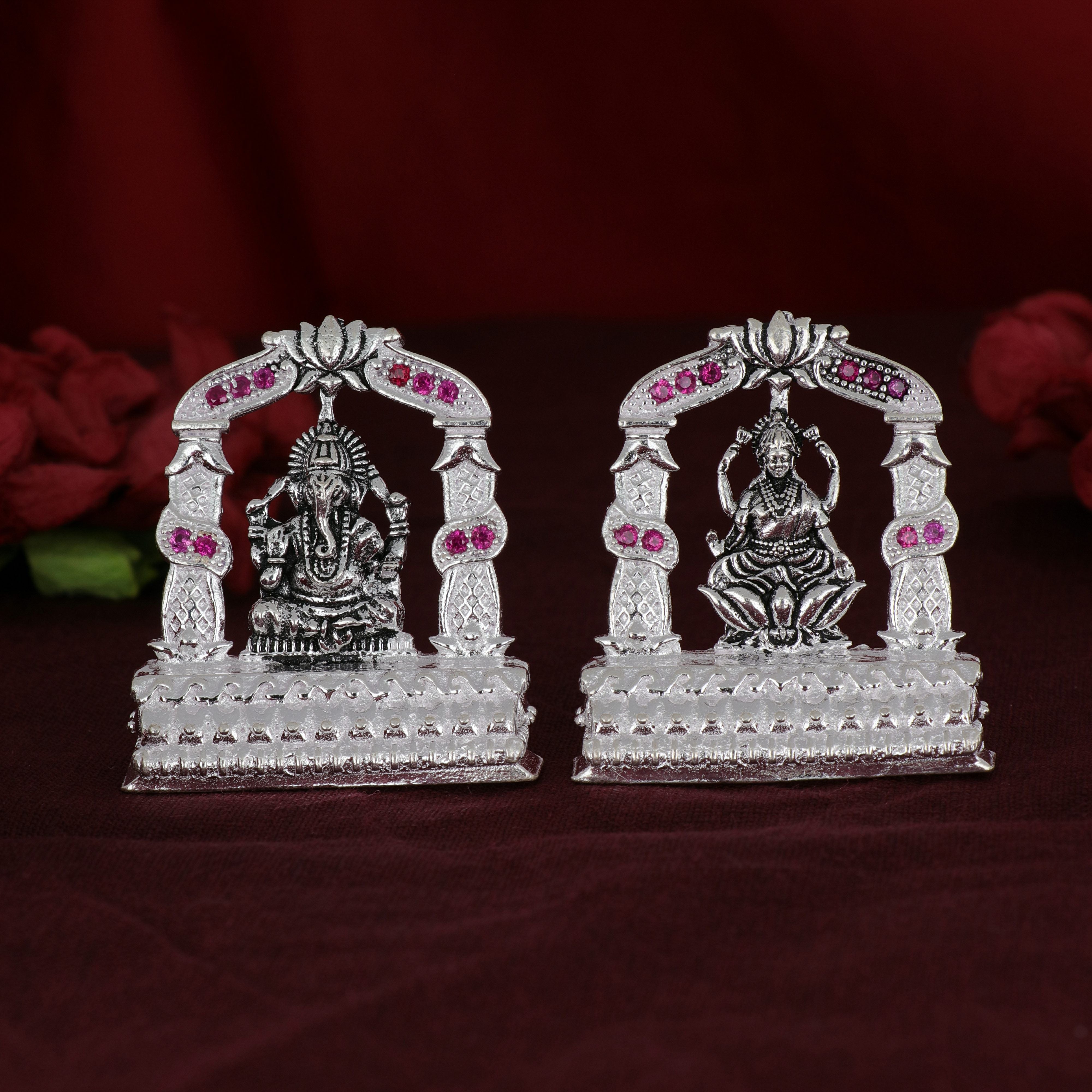 Shri Ganesh Laxmiji Micro Silver Murti Collection, adorned with delicate pink stones