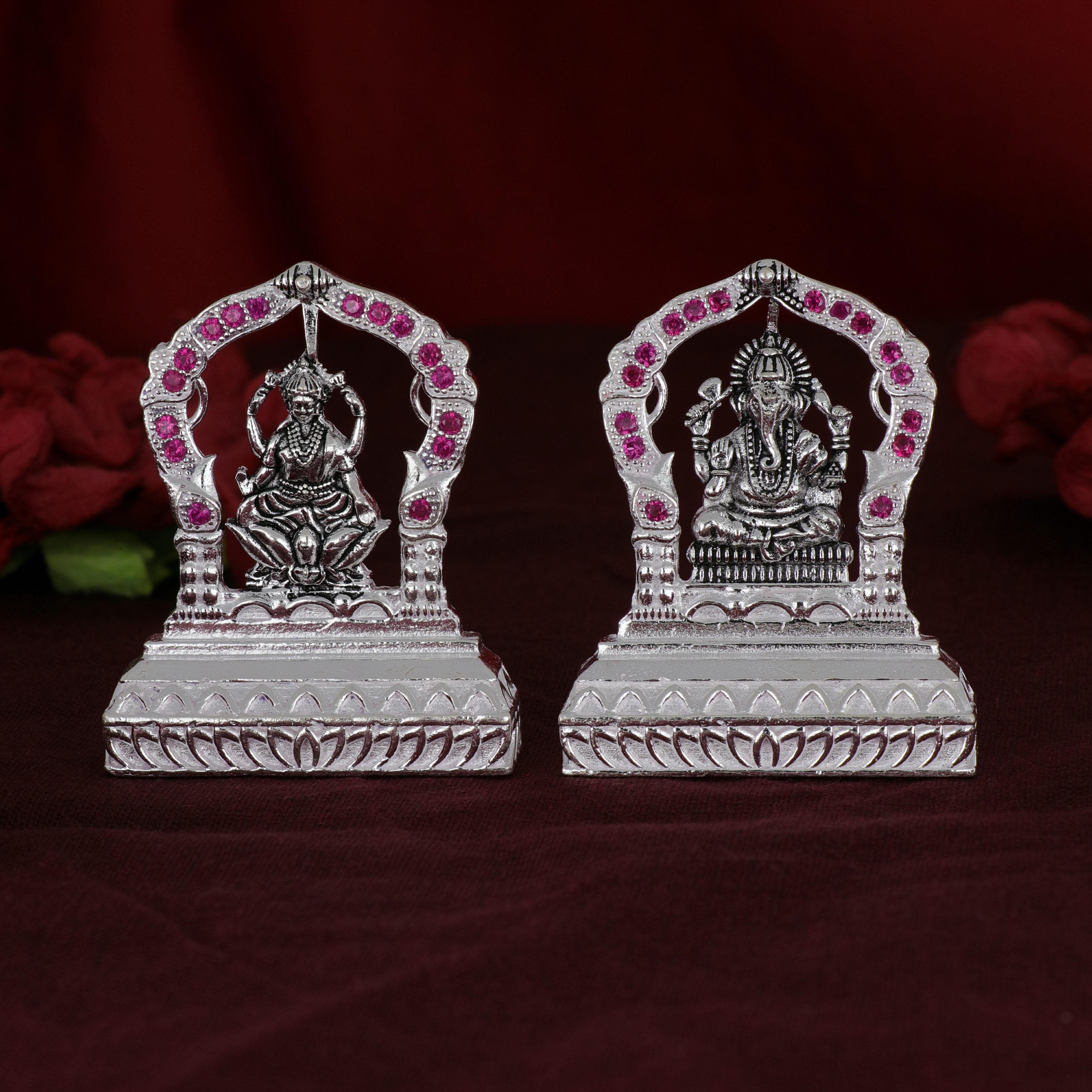 Shri Ganesh Laxmiji - Micro Silver Murti adorned with Pink Stones