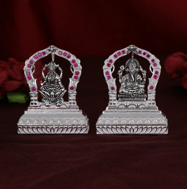 Shri Ganesh Laxmiji - Micro Silver Murti adorned with Pink Stones