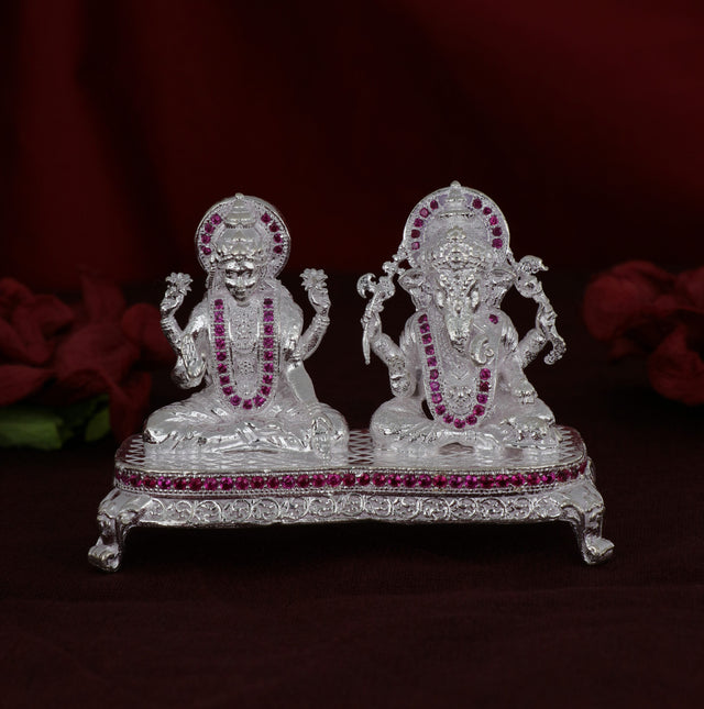 Shri Ganesh Laxmiji Silver Murti Collection adorned with Pink Stones