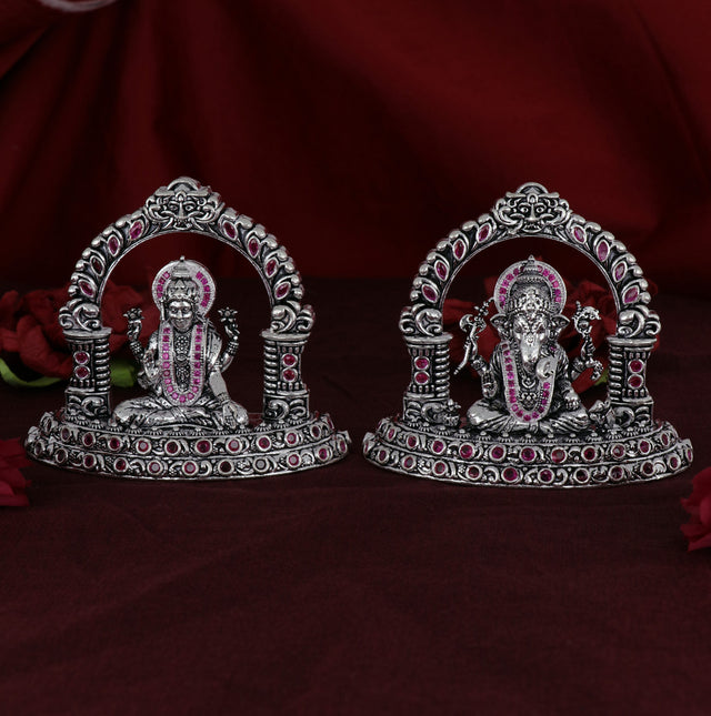 Shri Ganesh Laxmiji Oxidized Silver Murti adorned with Pink Stones